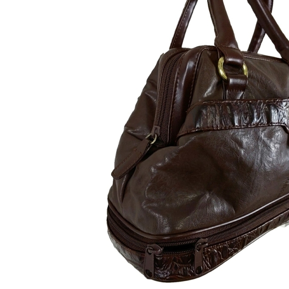 DV Brown Embossed Faux Leather 2 Handle Satchel - Picture 6 of 8